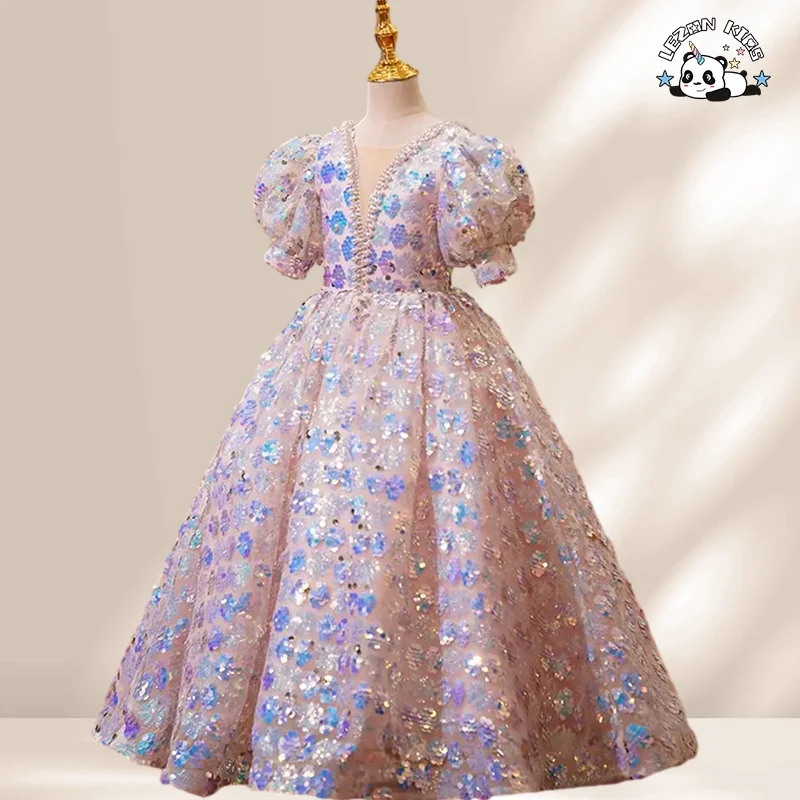 LEZONKIDS - 2024 Fashion Sequined Beading Boutique Flower Girls' Dresses Children Evening Party Dress